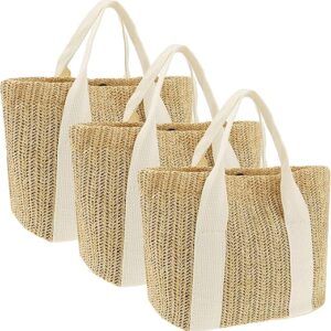 3 peças de bolsa de praia de palha para mulheres, boho, feita à mão, bolsas de ombro dobráveis leves para viagens de férias