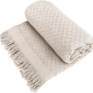 Decolab Manta para Sofá em Algodão com Franjas Artesanais | Cobertor Decorativo para Sofá, Poltrona e Cama | Estilo Boho Chic (Branca-Cru)