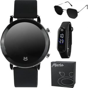 Relógio digital feminino aço + oculos protecao uv + caixa presente qualidade premium preto