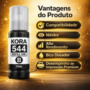 Refil Tinta Kora Preta 70ml Compatível com EPSON 544 504 para L3150 L3250 L3110 L4160 L5190 | Texto Nítido e Preto Intenso